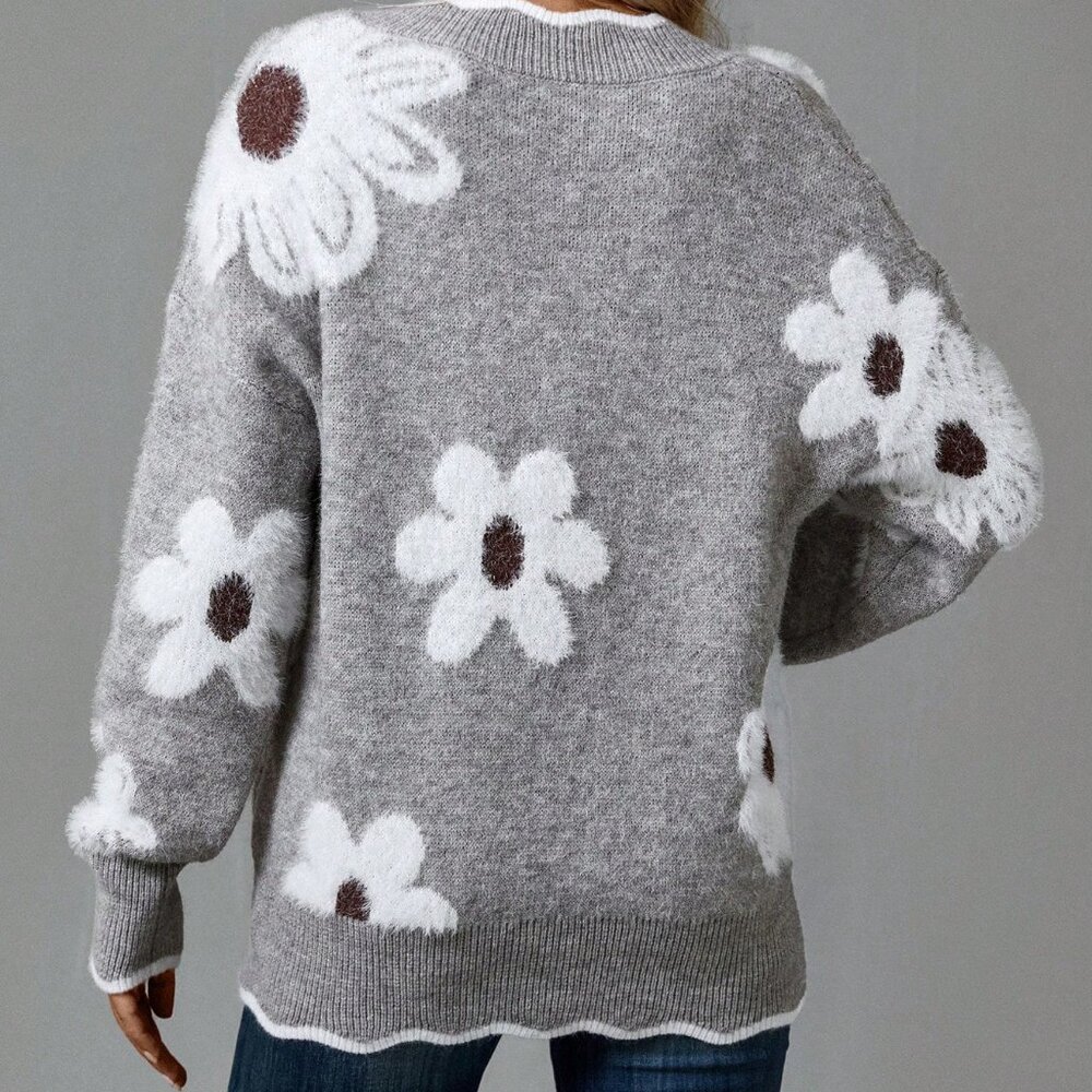 Grey Casual Women's Floral Pattern Easter Family Sweater - Picture 3 of 5